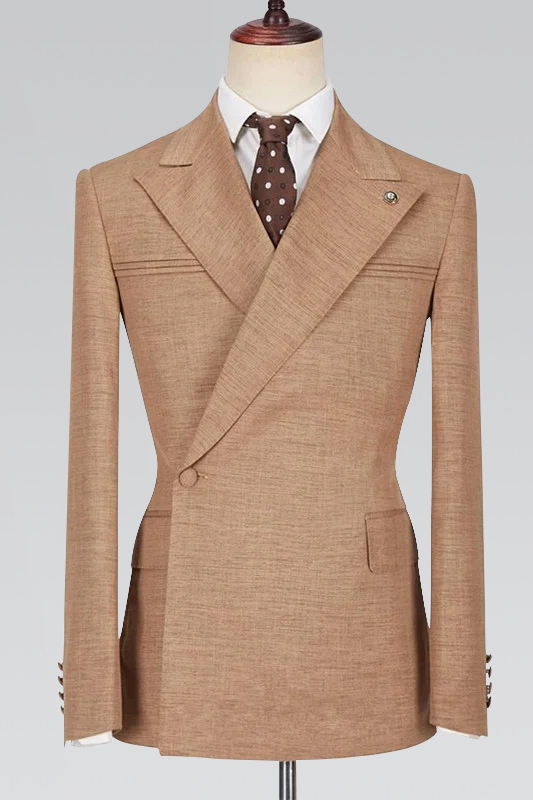  Gentle Brown Peaked Lapel Prince Suit For Prom with Ruffles