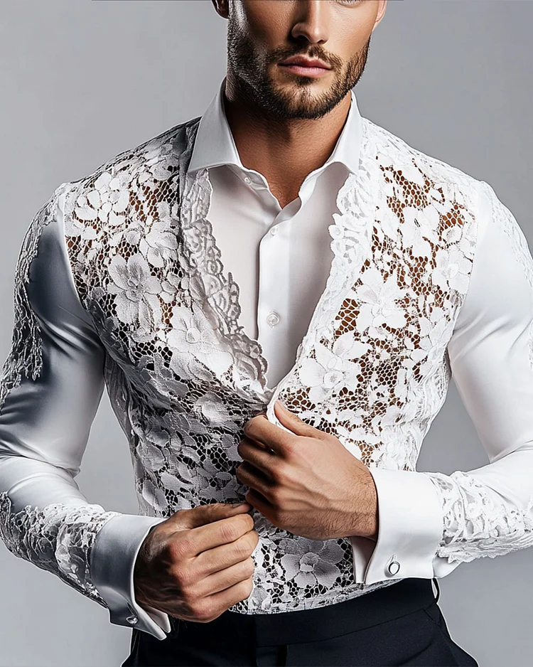 Men's Elegant Fake Two-Piece Lace Long Sleeve Shirt