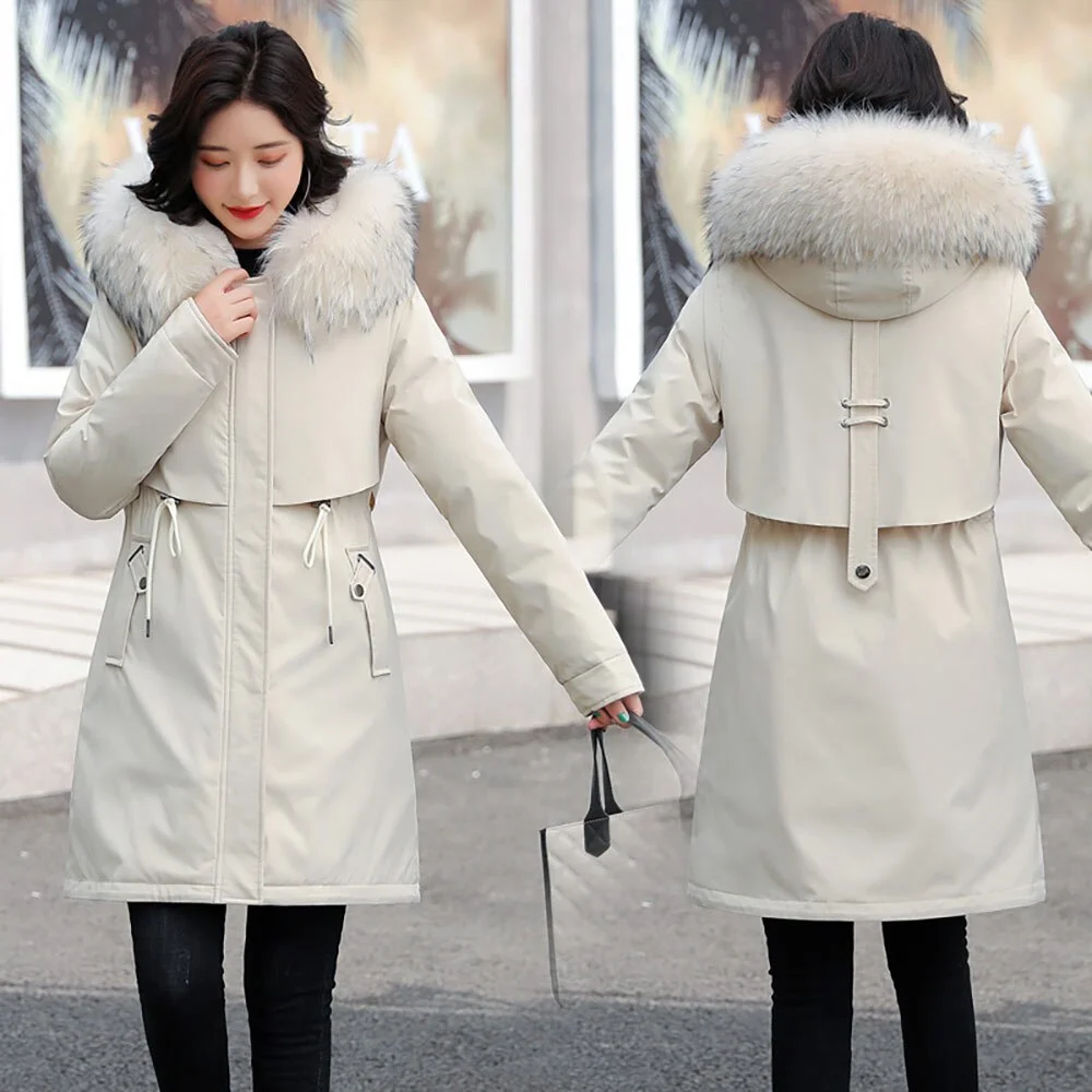 Vielleicht Snow Wear Long Parkas Winter Coat Women Fur Liner Casual Hooded Deep Pockets Drawstring Winter Jacket Women Outwear