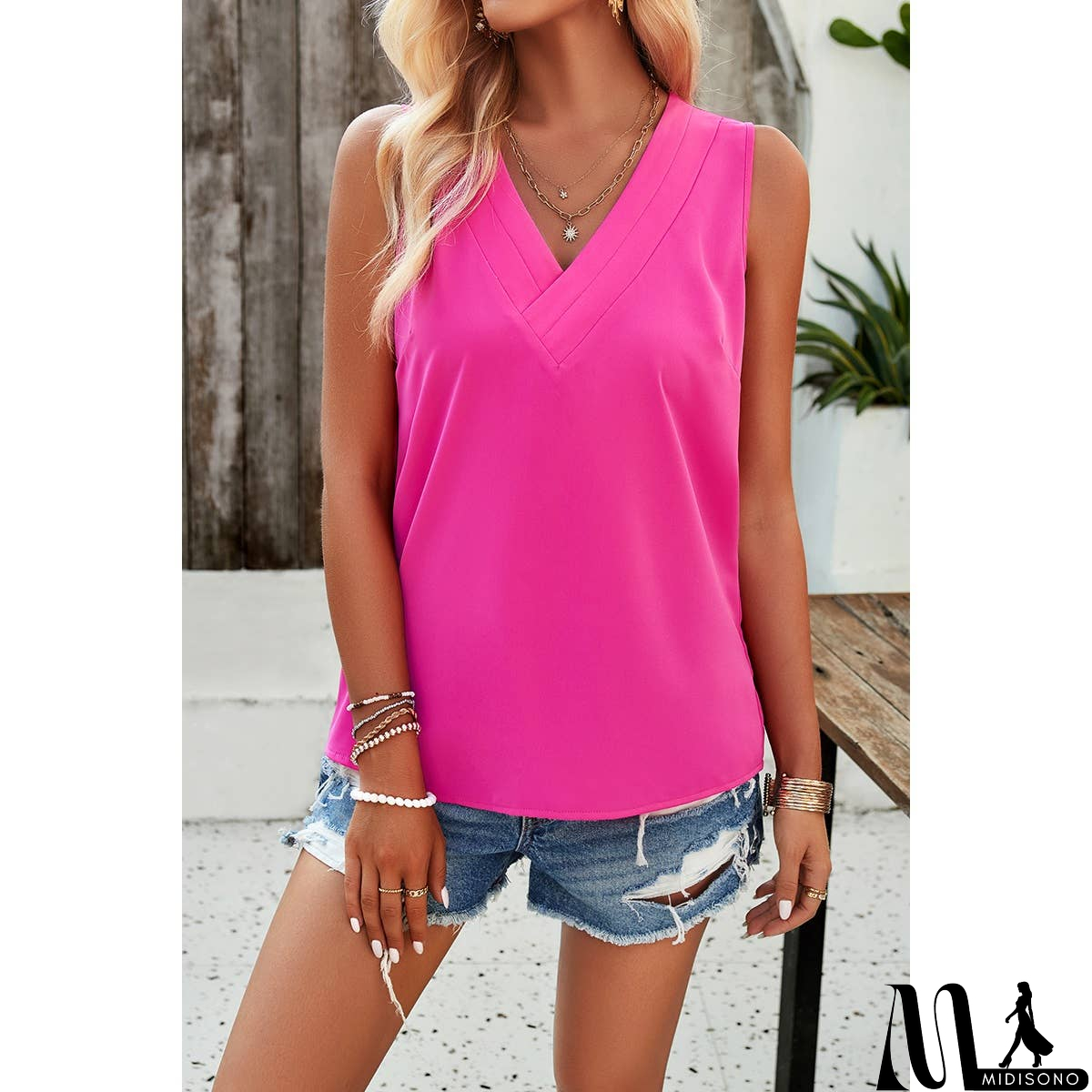 MidiSono - V Neck Sleeveless Tank Loose Solid Top