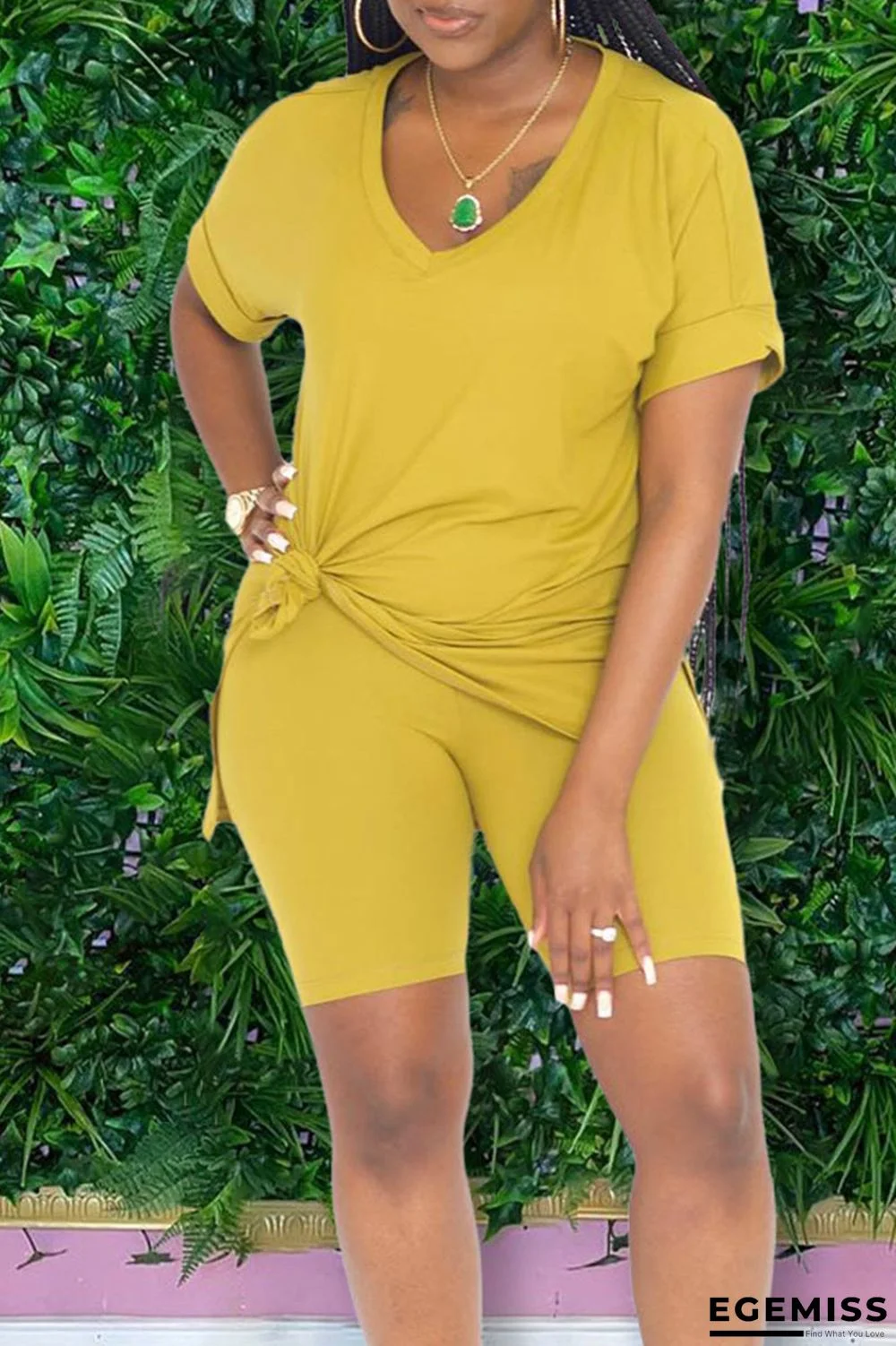 Yellow Casual Solid Patchwork V Neck Short Sleeve Two Pieces | EGEMISS