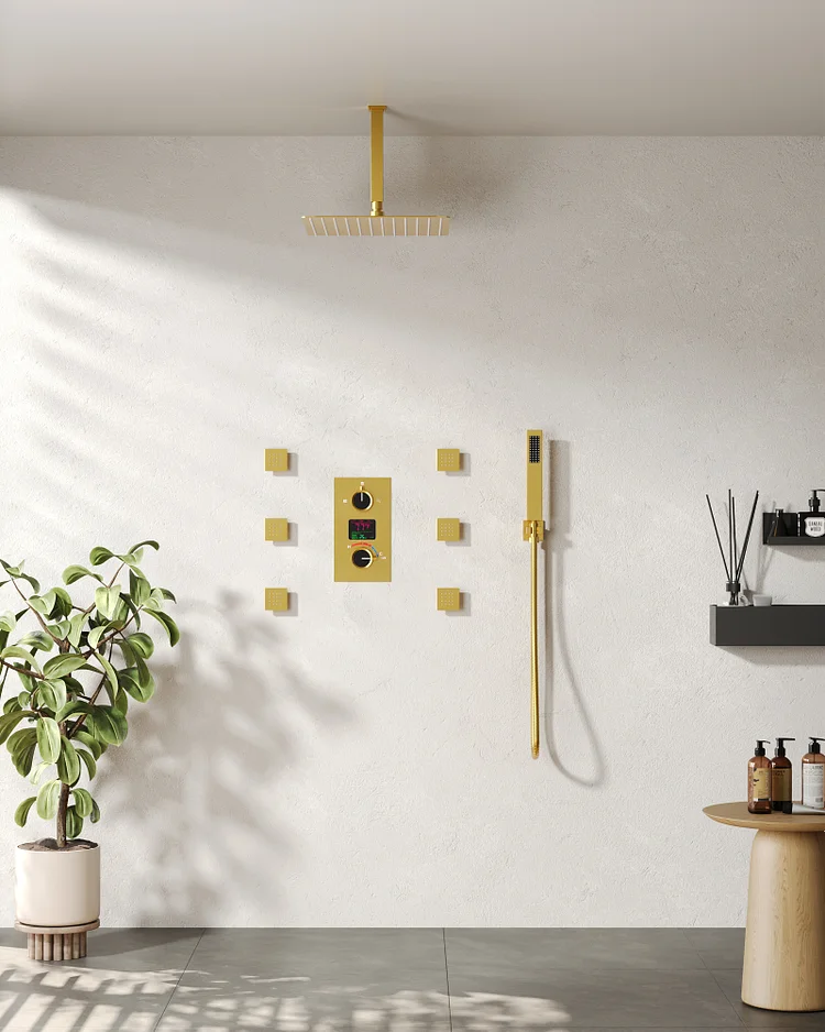 SFS-1015-GD12 EVERSTEIN Ceiling installation Constant Temperature Shower Faucet with LCD Display Rain Shower System, with 6 Massage Nozzles and Hand-held Spray,Brushed Gold