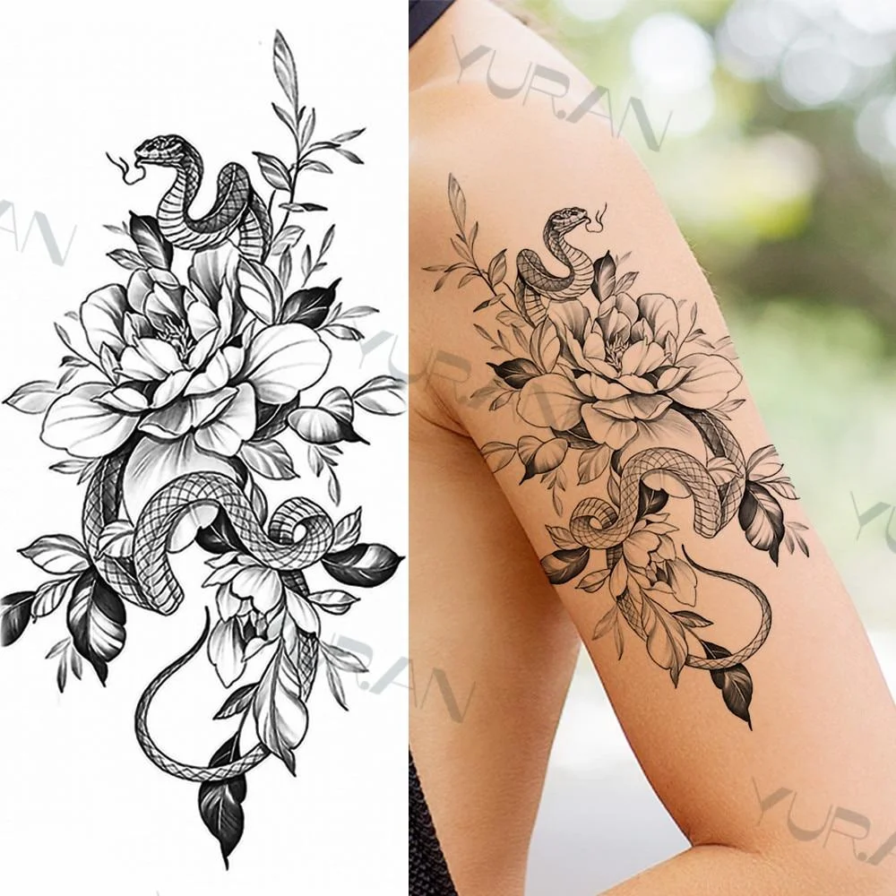 Black Large Snake Flower Fake Tattoo Sticker For Women Dot Rose Peony Temporary Tattoos DIY Water Transfer Tatoos Girls 1029