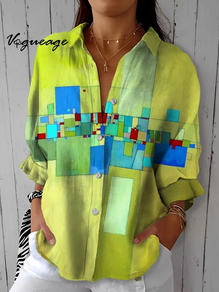 Beautiful Square Blocks With Irregular Splicing Printed Cotton And Linen Shirt