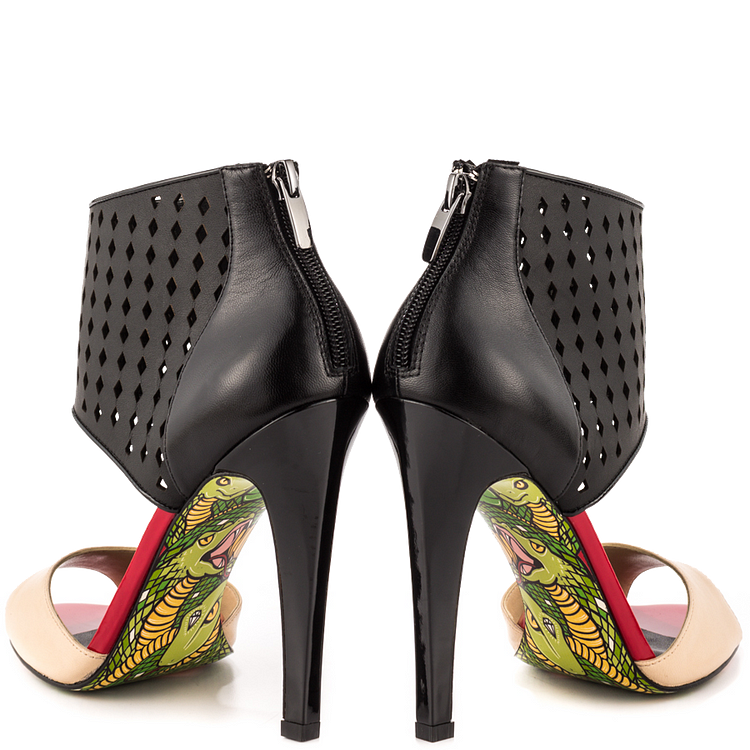 Nude And Black Ankle Strap Sandals Peep Toe Stiletto Heels Pumps |FSJ Shoes