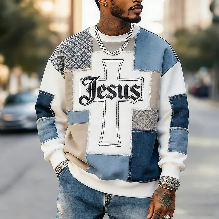 Men's Retro Jesus Cross Patchwork Art Cozy Knit Sweatshirt