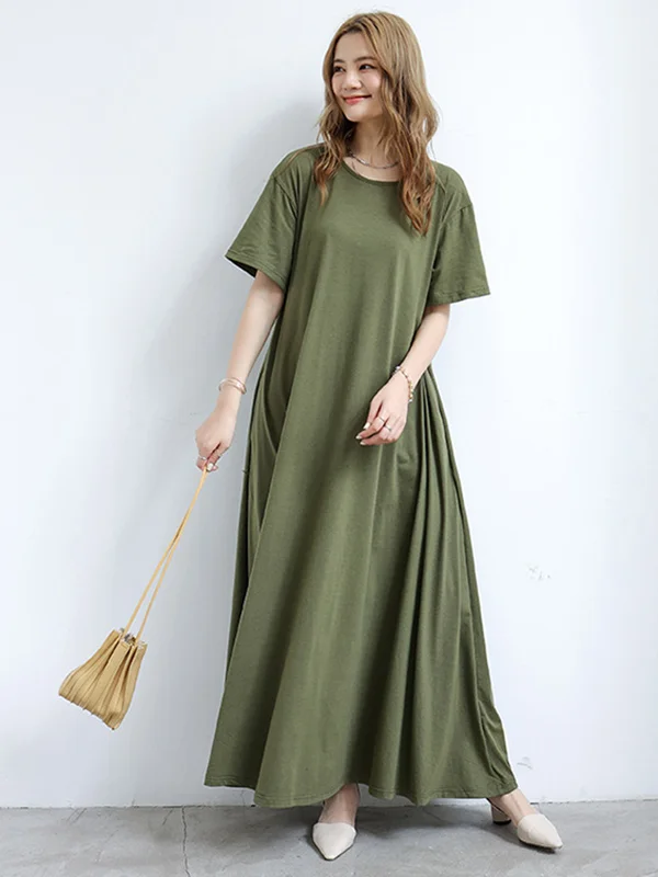 Minimalist Pure Color Oversized A-Line Round-Neck Short Sleeves Maxi Dress