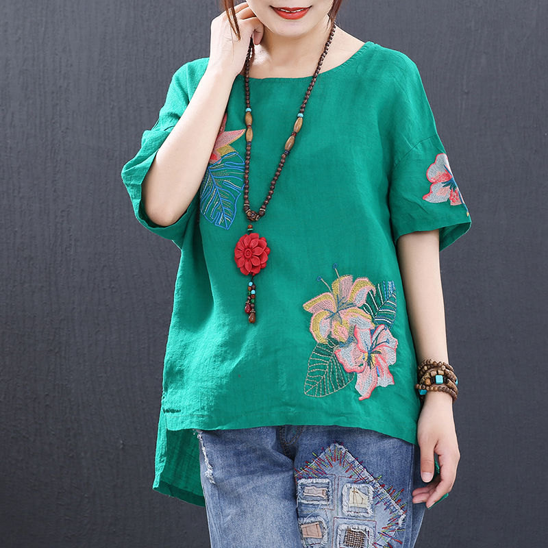 Plus size Cotton Vintage Floral Embroidery T-shirts