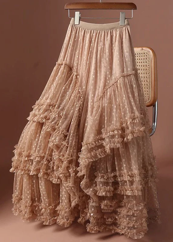 Jacquard Khaki Ruffled Patchwork Love Tulle Maxi Skirts