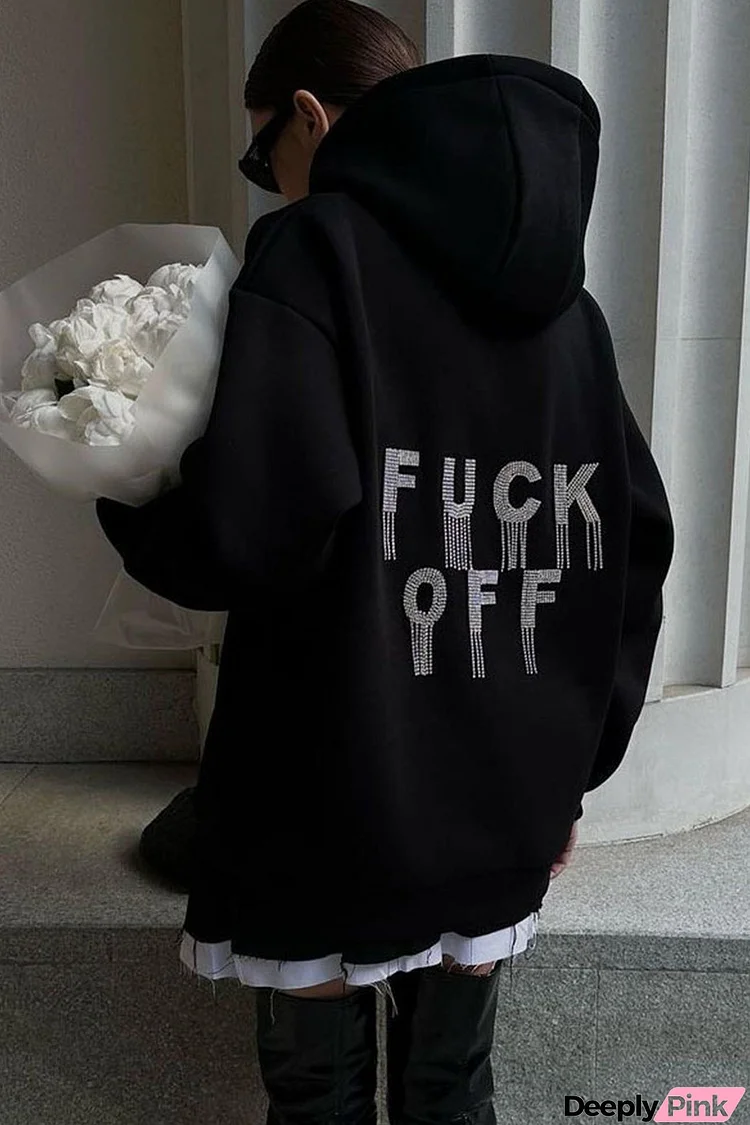 Letter Hot Drilling Fringed Hoodie