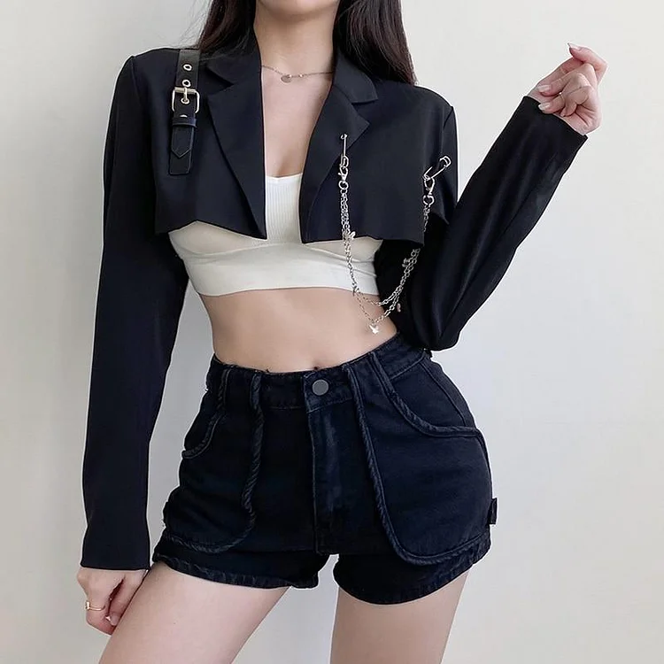 GOTHIC CHAINED BUCKLE BLACK CROP TOP BLAZER