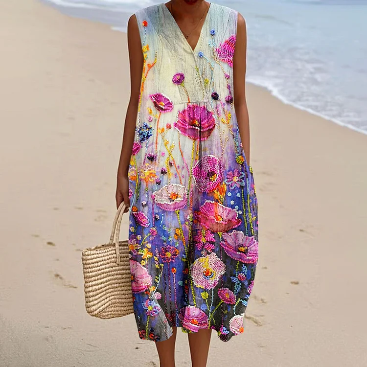 Women's Vintage Flower Art Print Sleeveless Cotton Pocket Wrap V Neck Dress