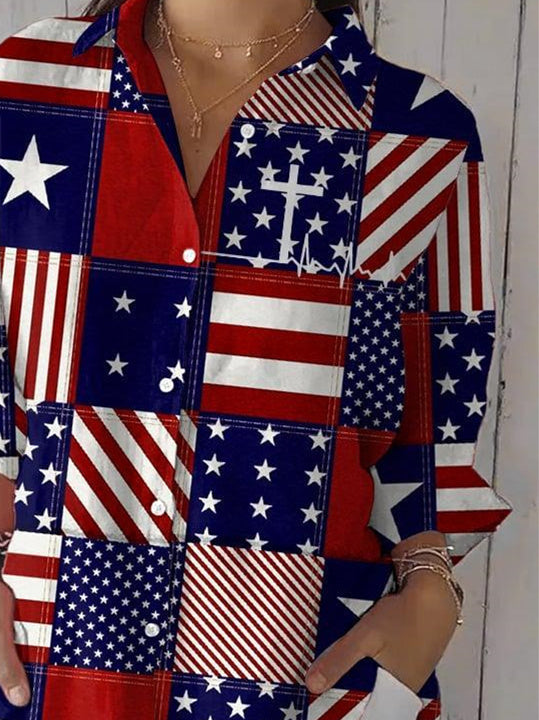 Women 3/4 Sleeve Shirt Collar National Flag Printed Graphic Button Tops