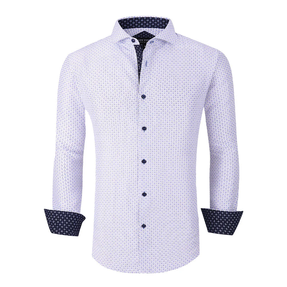 Men's Microfiber Lifestyle Long Printed Shirt White Alex Vando Fashion