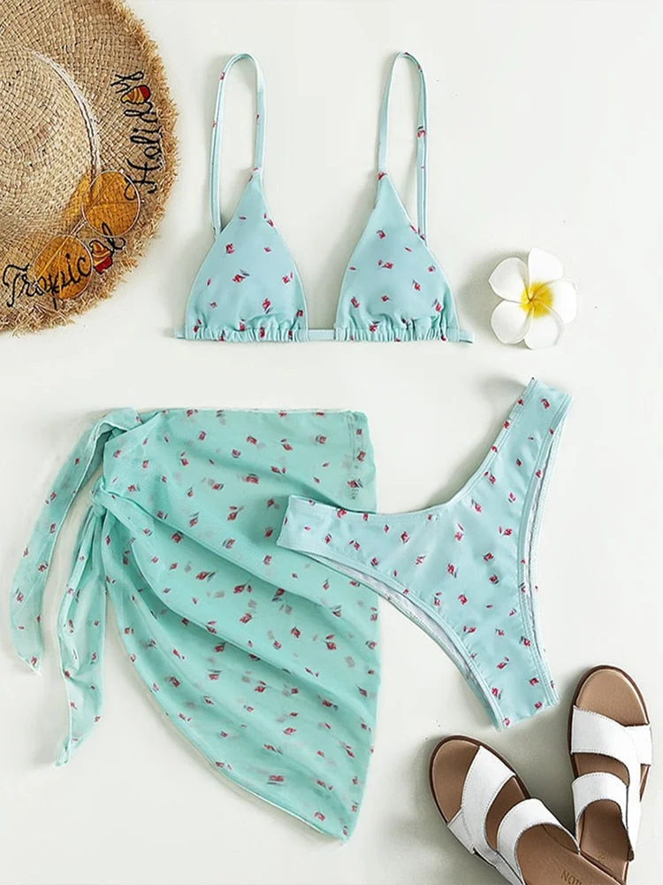 Peachtan Mesh 3 Pieces Bikini Set Floral Print Swimwear Female Traingle Swimsuit Women String Swimming Suit Bathing Suit 2022