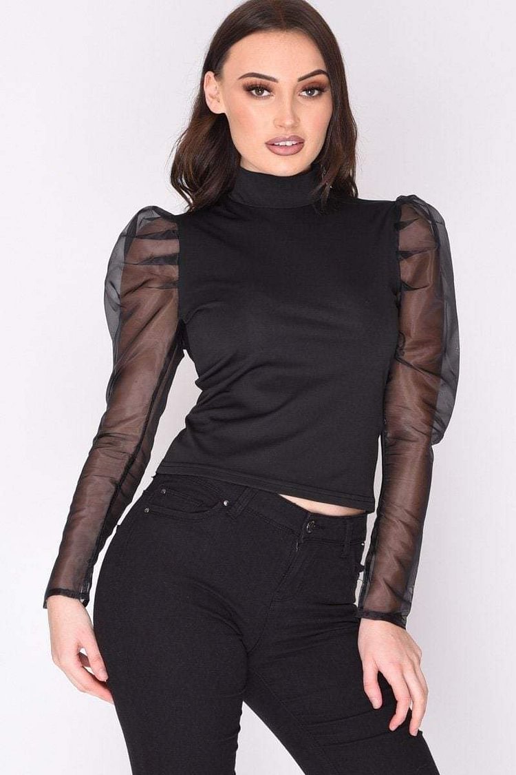 Black High Neck Mesh Sleeve Top Katch Me