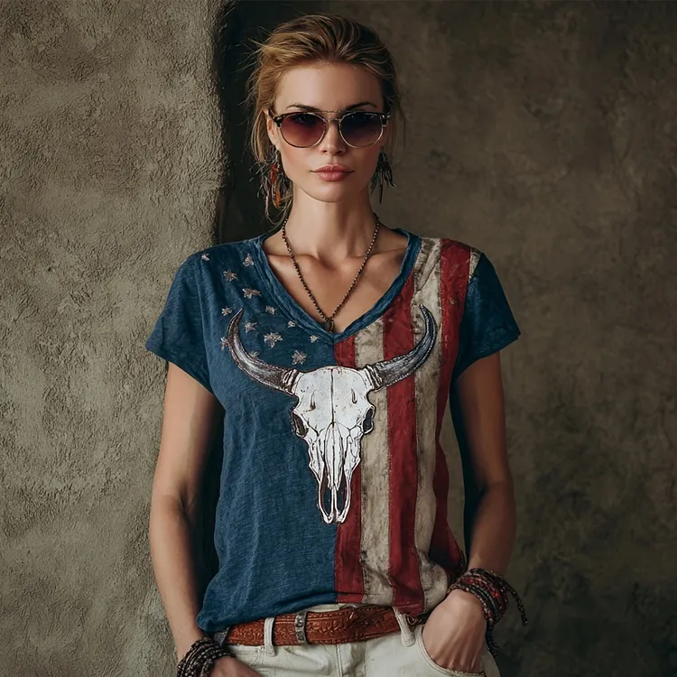 Western Bull Skull Embroidered American Flag Comfy T Shirt