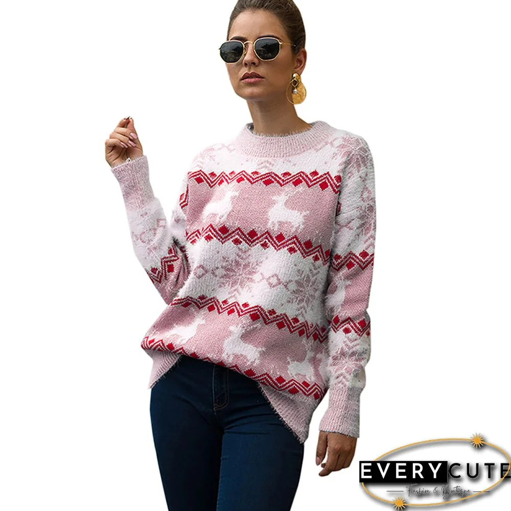 Pink Snowflake with Reindeer Print Pullover Sweater