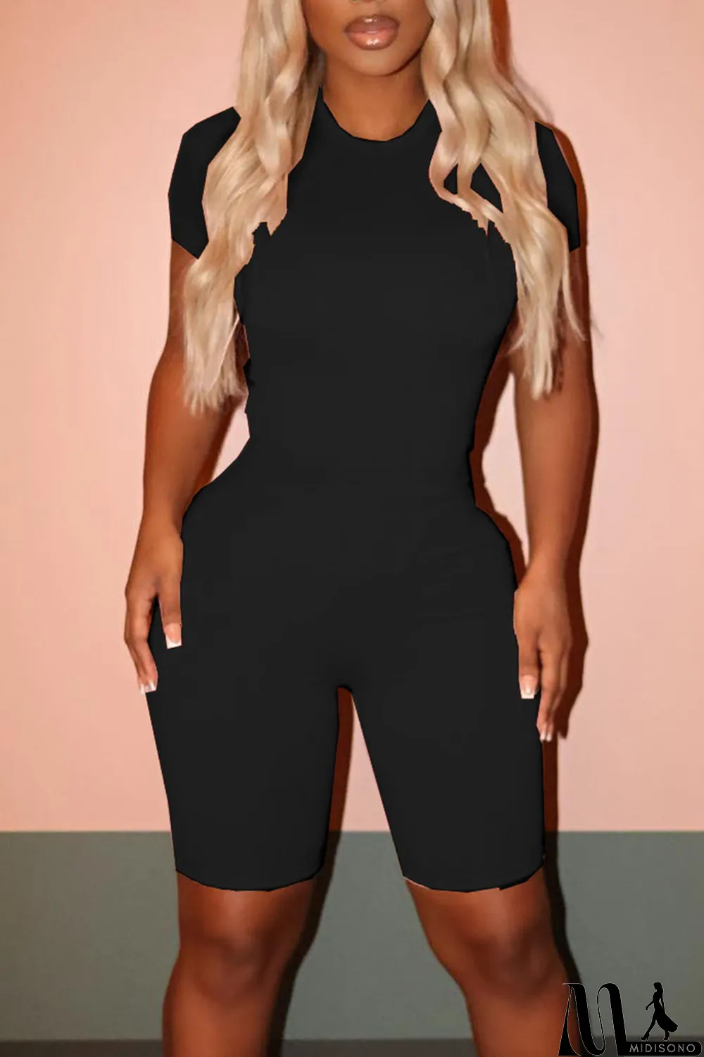 MidiSono - Black Casual Solid Patchwork O Neck Short Sleeve Two Pieces