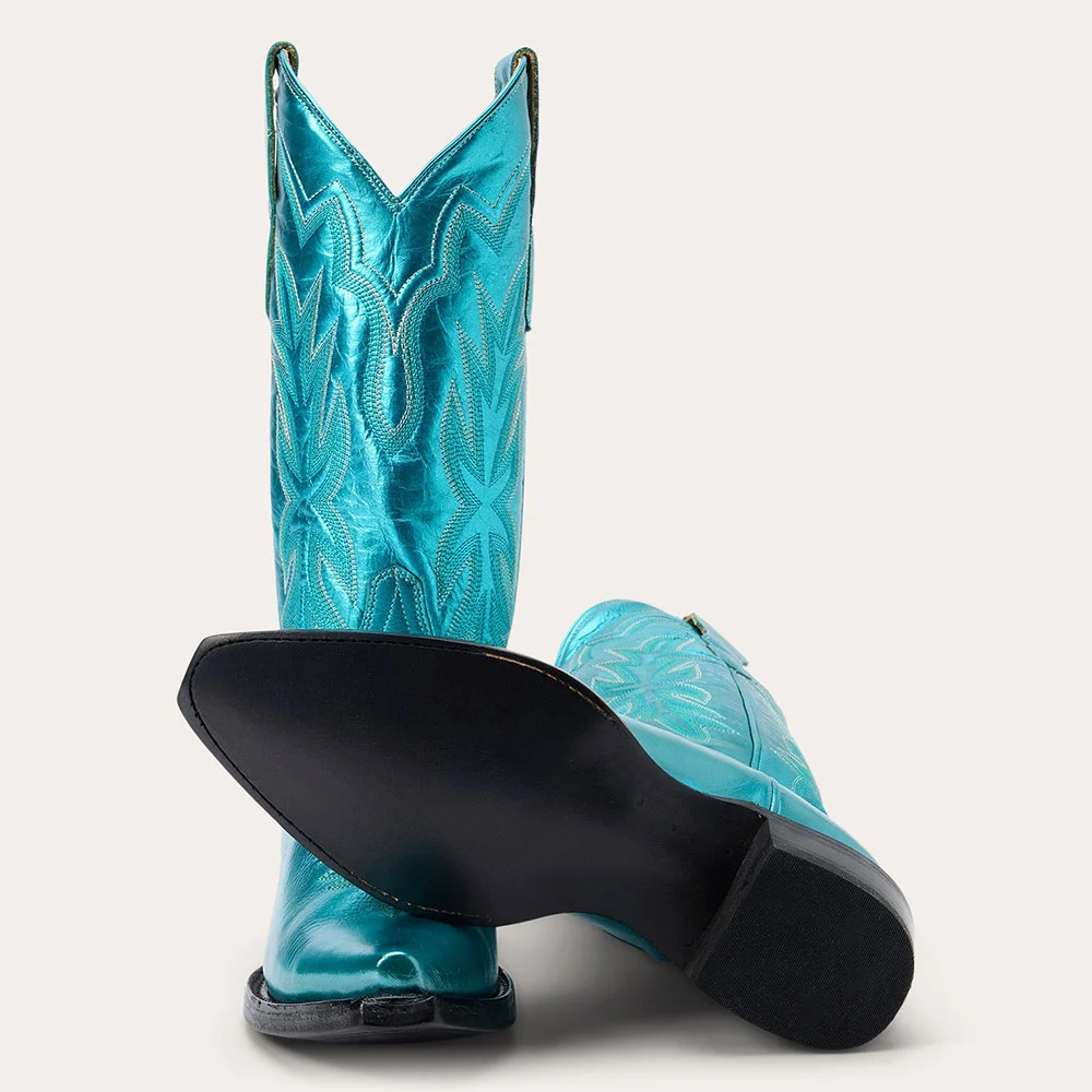Teal Metallic Finish Chunky Heel Cowgirl Boots with Embroidery