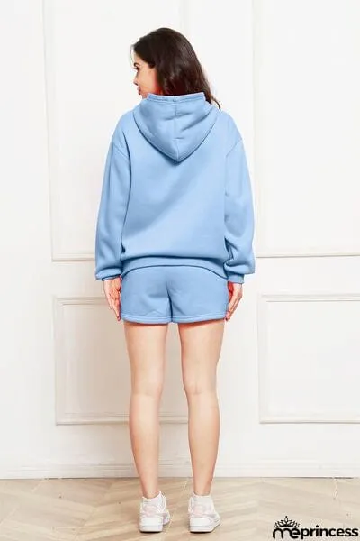 Drop Shoulder Long Sleeve Hoodie and Shorts Set