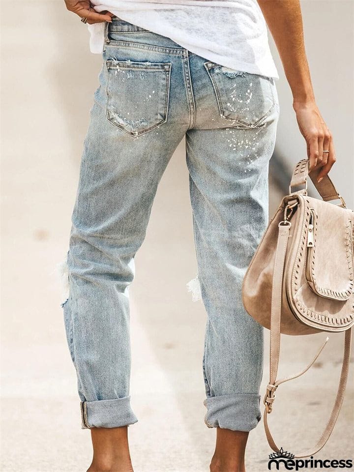 Women's Stretch Wash Effect Ripped Straight-Leg Street Style Jeans