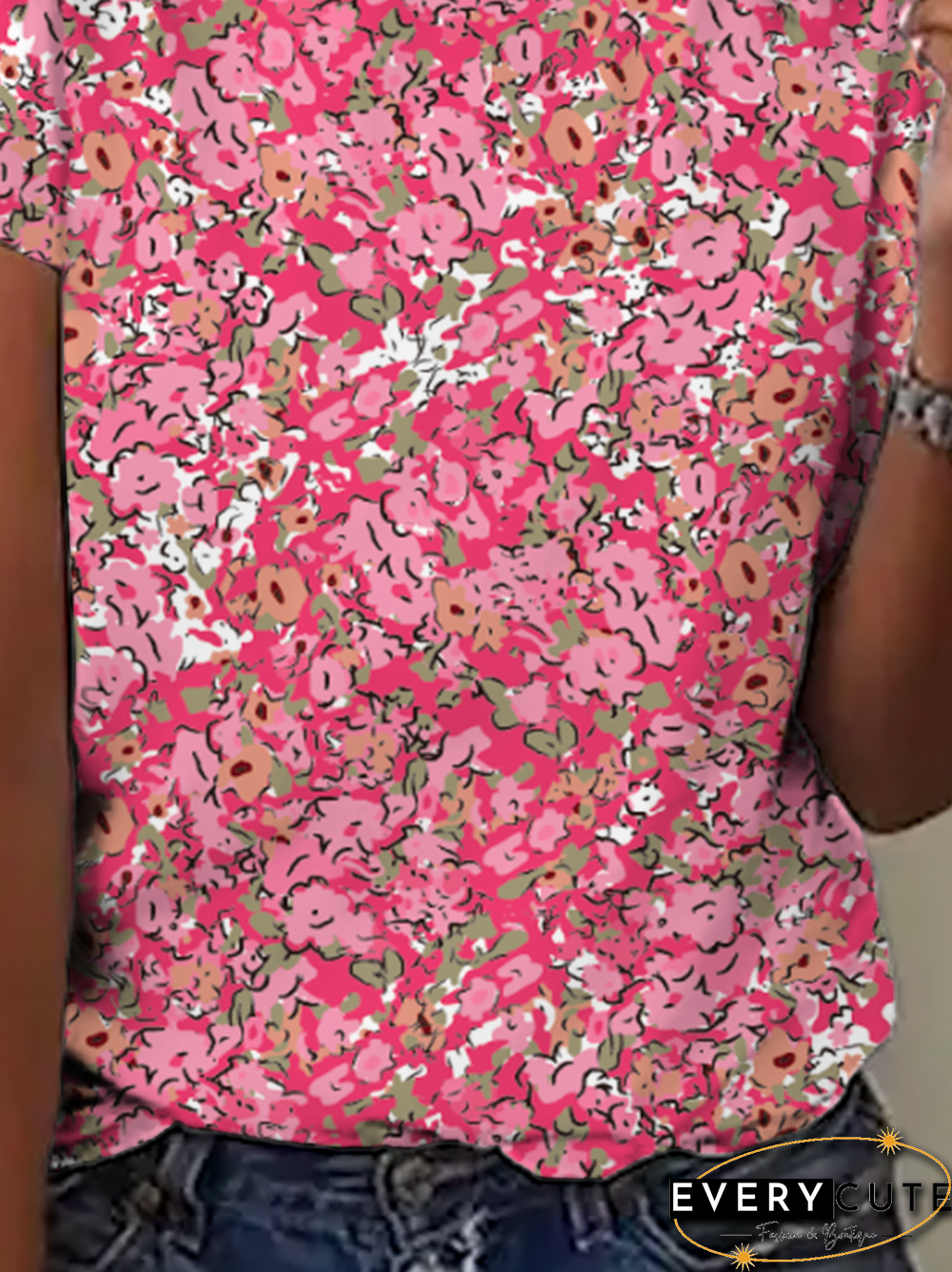 Plus size Floral Casual Crew Neck Short Sleeve T-Shirt