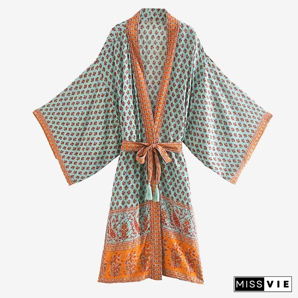 Vintage Cashew Print Robe Long Cardigan Kimono Outerwear