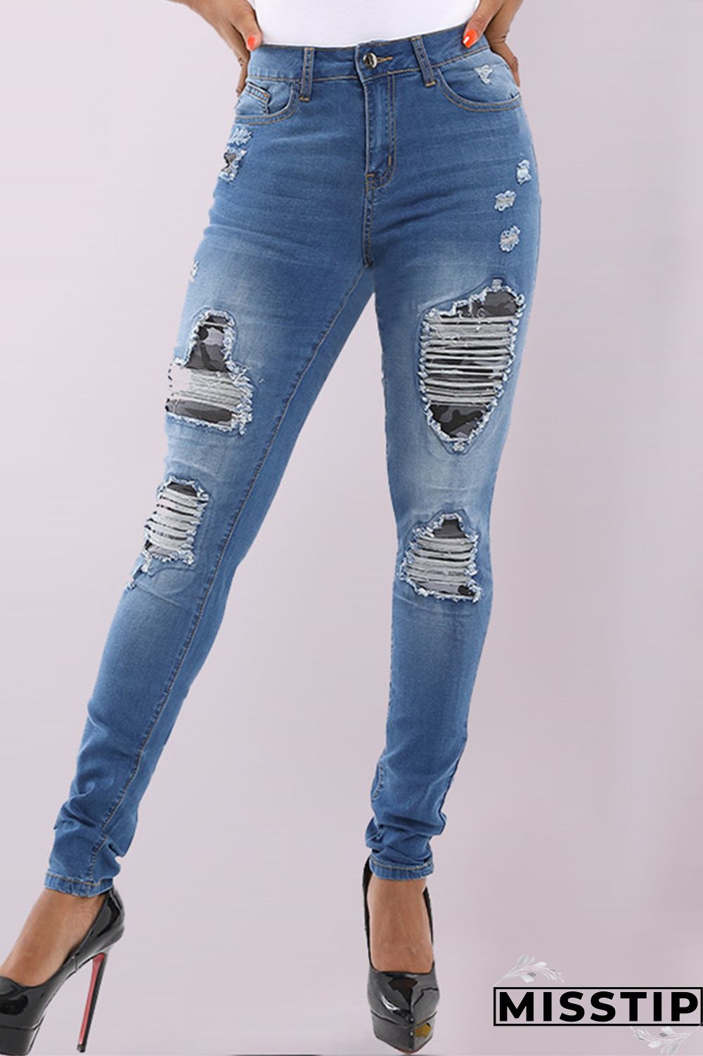 Dark Blue Denim Zipper Fly Mid Old Zippered washing pencil Pants Pants