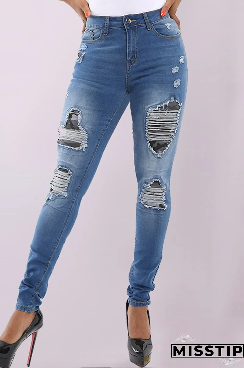 Dark Blue Denim Zipper Fly Mid Old Zippered washing pencil Pants Pants