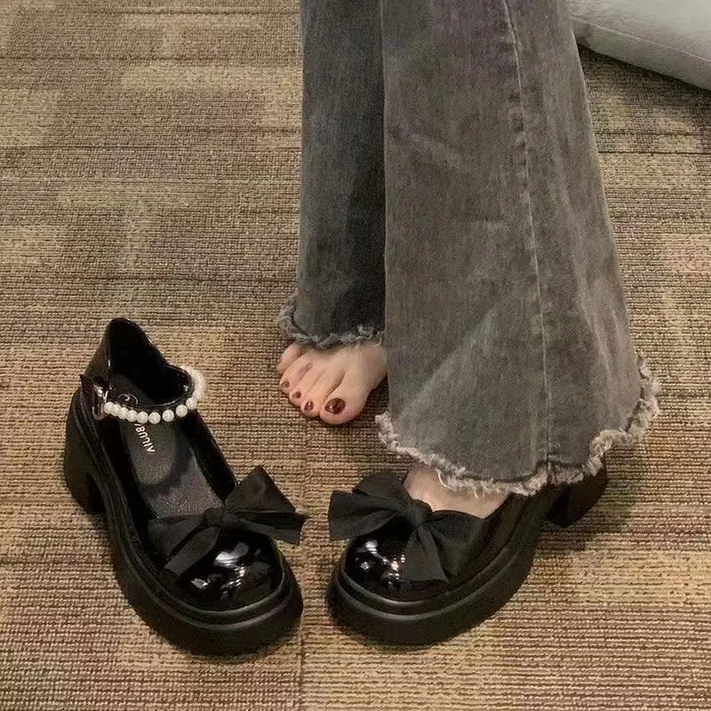 Breakj Breakj Jane Small Leather Shoes Women Thick Soles Raised Sweet Bows Shallow Single Shoes Buckle English Style Women's Shoes