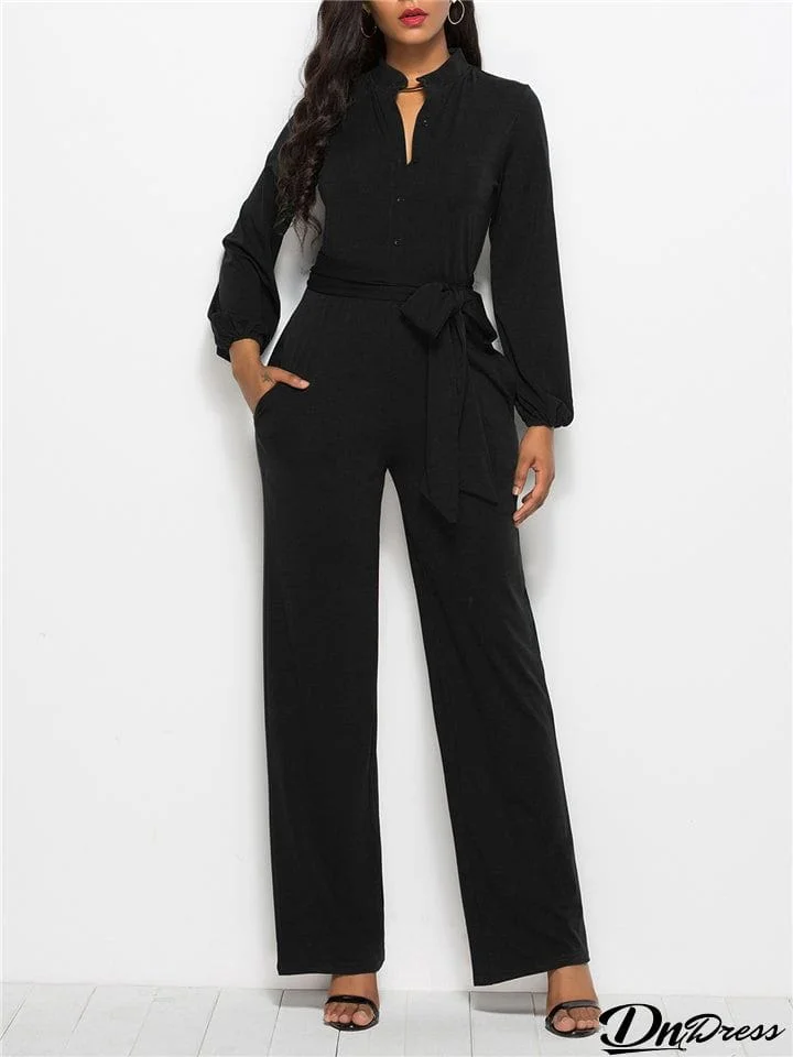 Fashion Minimalist Solid Color Long Sleeve Lace-up Waist Jumpsuits