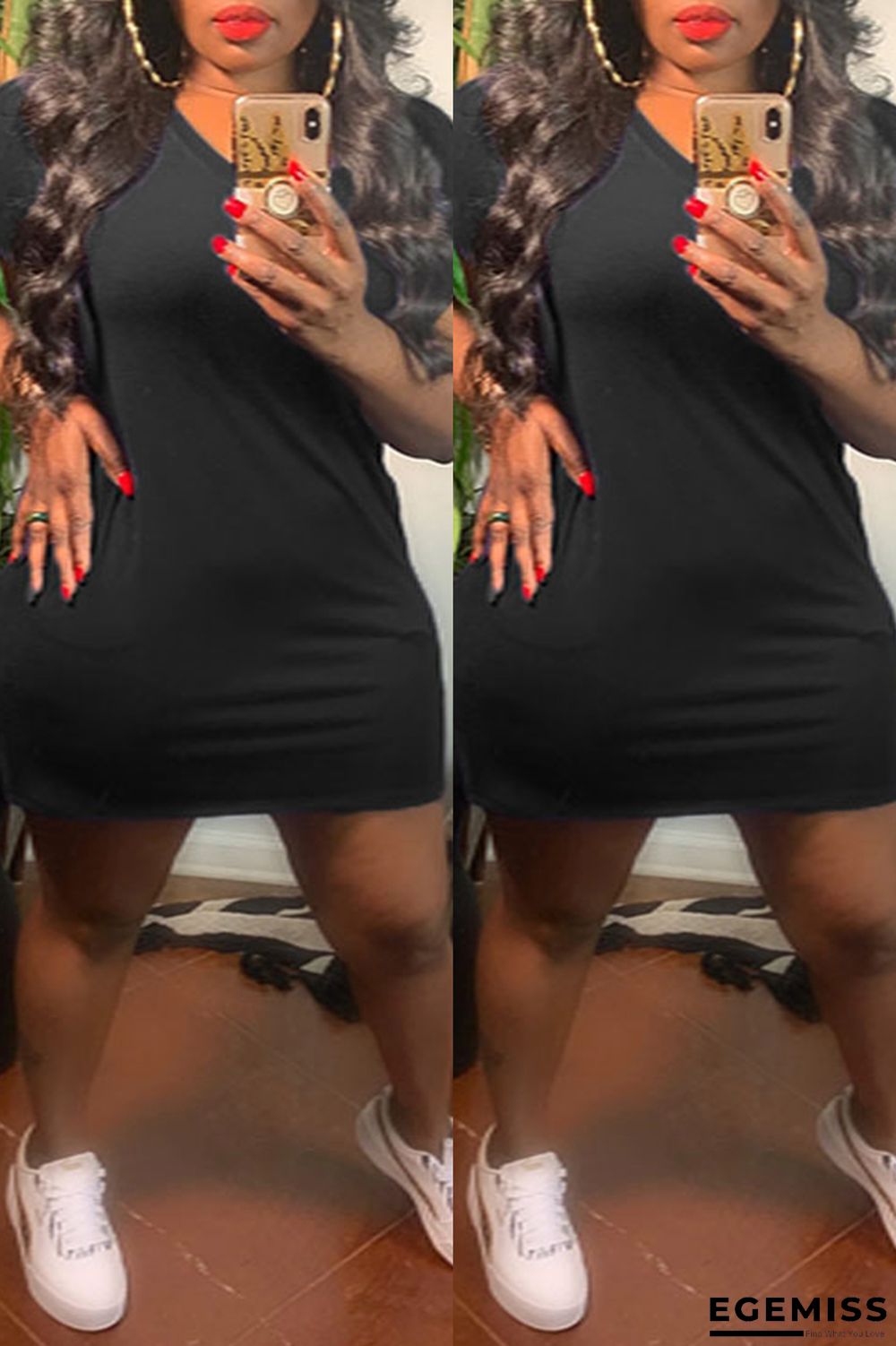 Black Fashion Casual Plus Size Solid Basic V Neck Short Sleeve Dress | EGEMISS