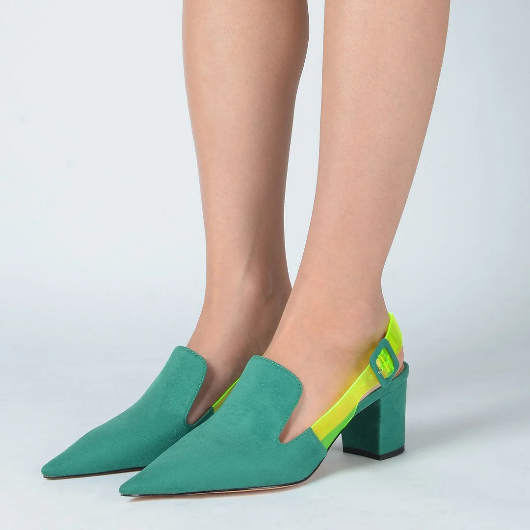 Green Suede Pointed Toe Pumps Slingback Chunky Heels