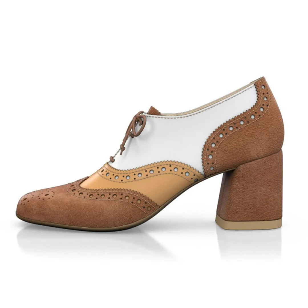 Brown and White Round Toe Perforated Pattern Women's Oxfords