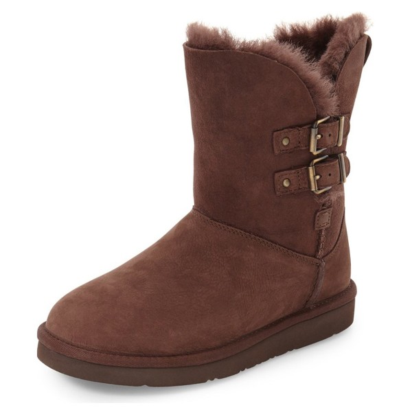 Brown Vegan Suede Round Toe Double Buckle Furry Womens Snow Boots Nicepairs