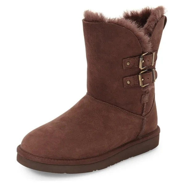 Brown Round Toe Flat Comfy Mid Calf Snow Boots Nicepairs