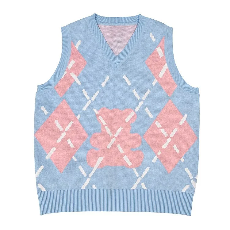 Oversize Sweet Girl Sweater Vest Women Argyle Sleeveless V-neck Jumpers Student Preppy Style Baggy Ulzzang Leisure Knitwear Cute