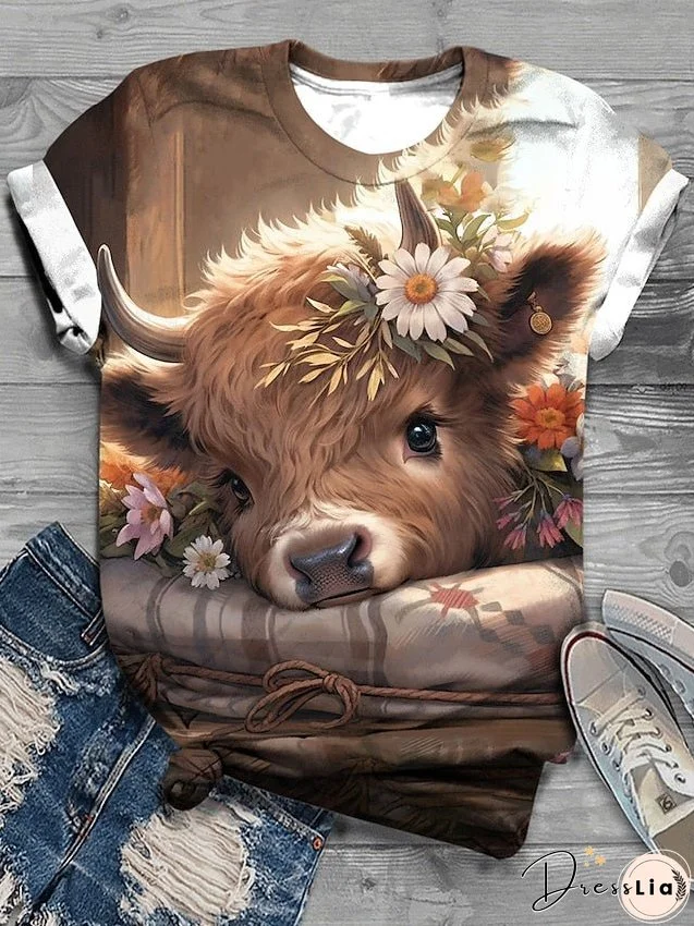 Women's T shirt Tee Christmas Shirt Animal Black Red Blue Print Short Sleeve Weekend Festival / Holiday Round Neck Regular Fit Summer