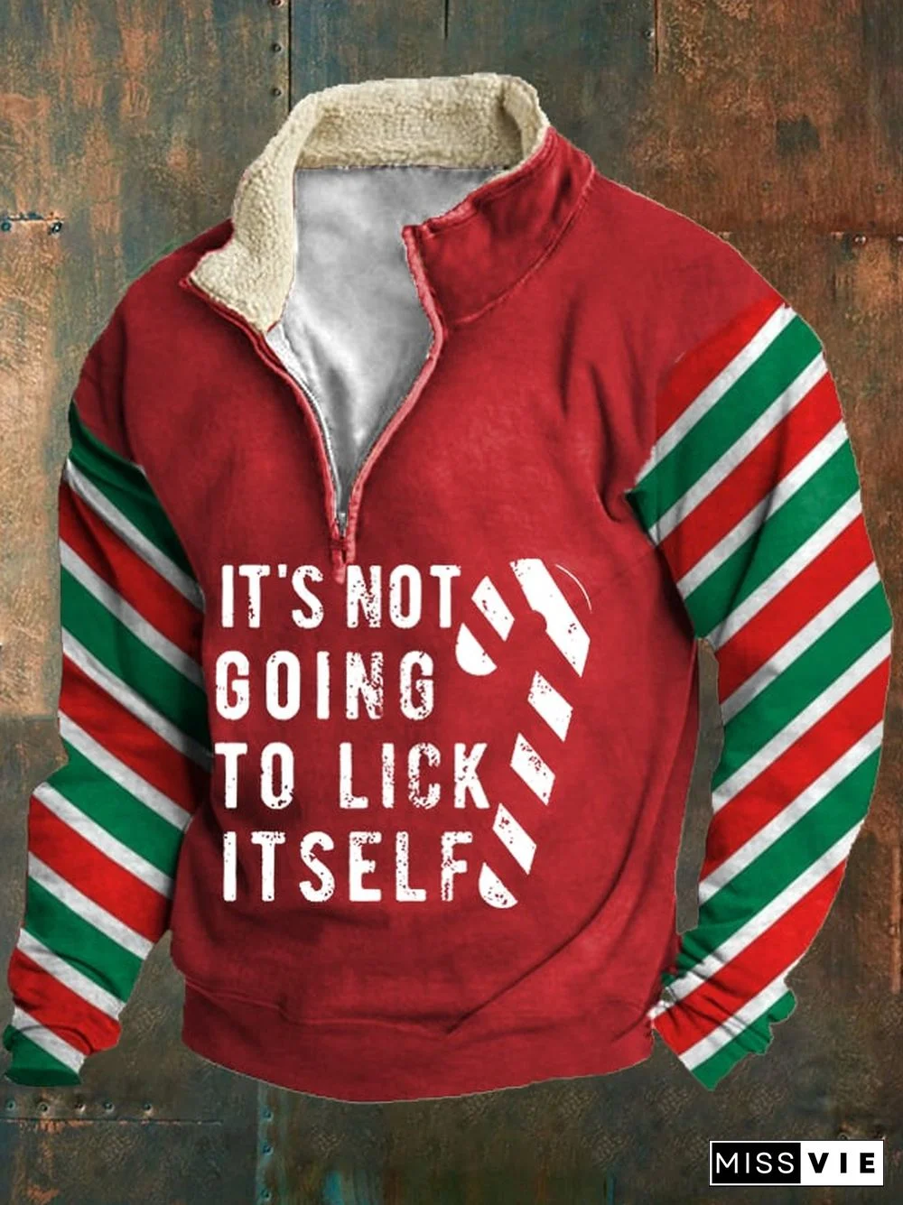 Men's Funny Christmas It's Not Going To Lick Itself Candy Cane Casual Fur Collar Top