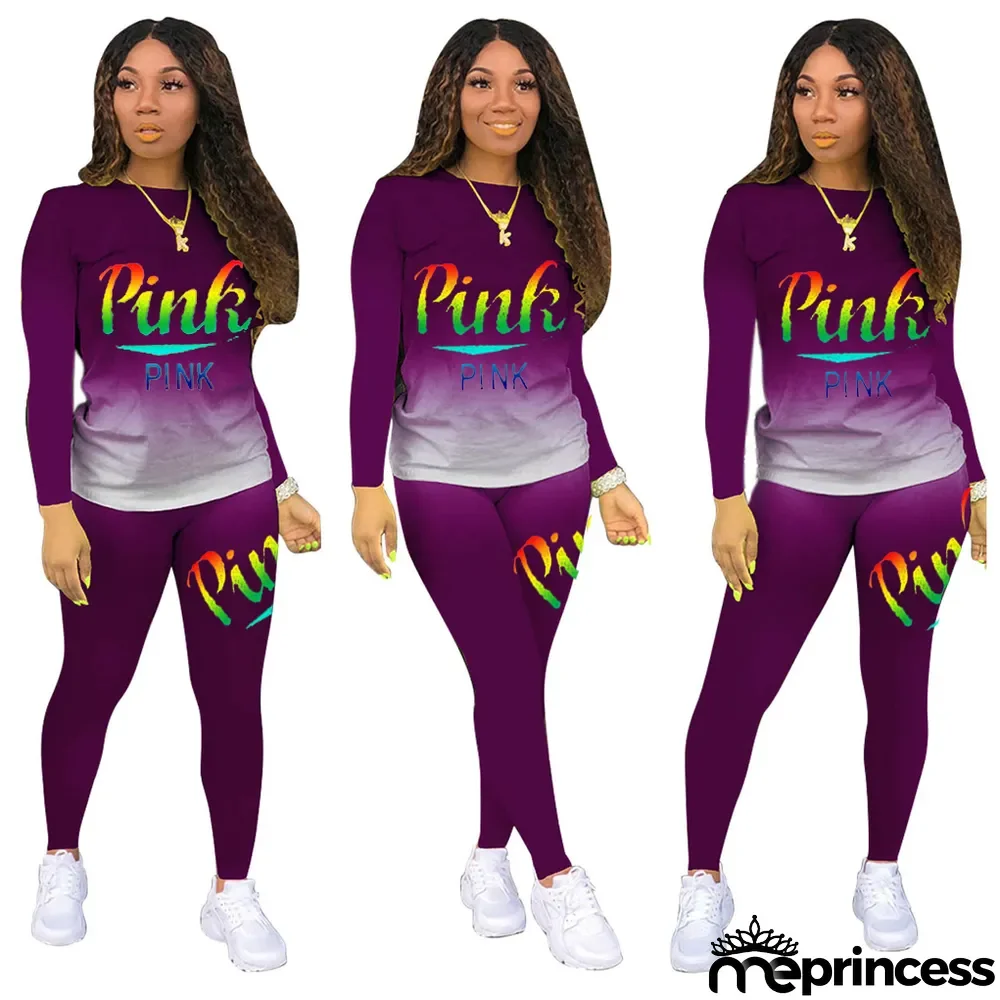 Autumn Print Gradient Matching 2PC Pants Set