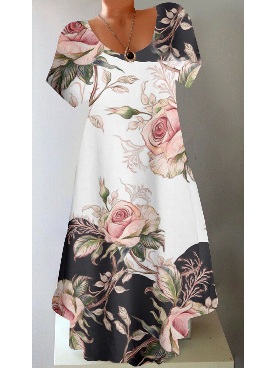 Women Scoop Neck Short Sleeve Flower Printed Dress