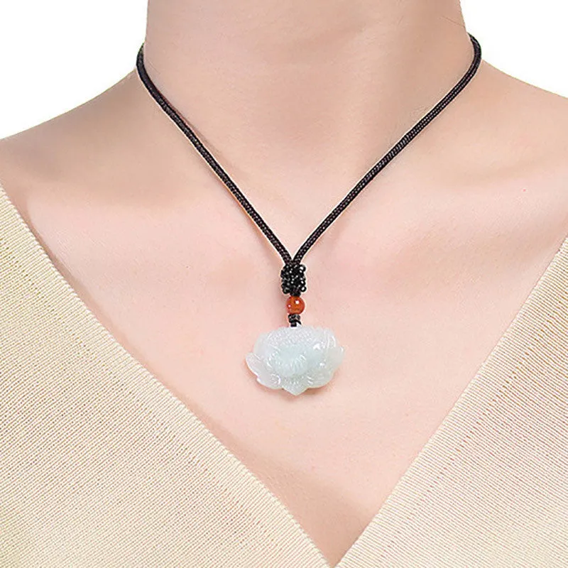 Lotus Pattern Jade Luck Abundance Necklace Pendant