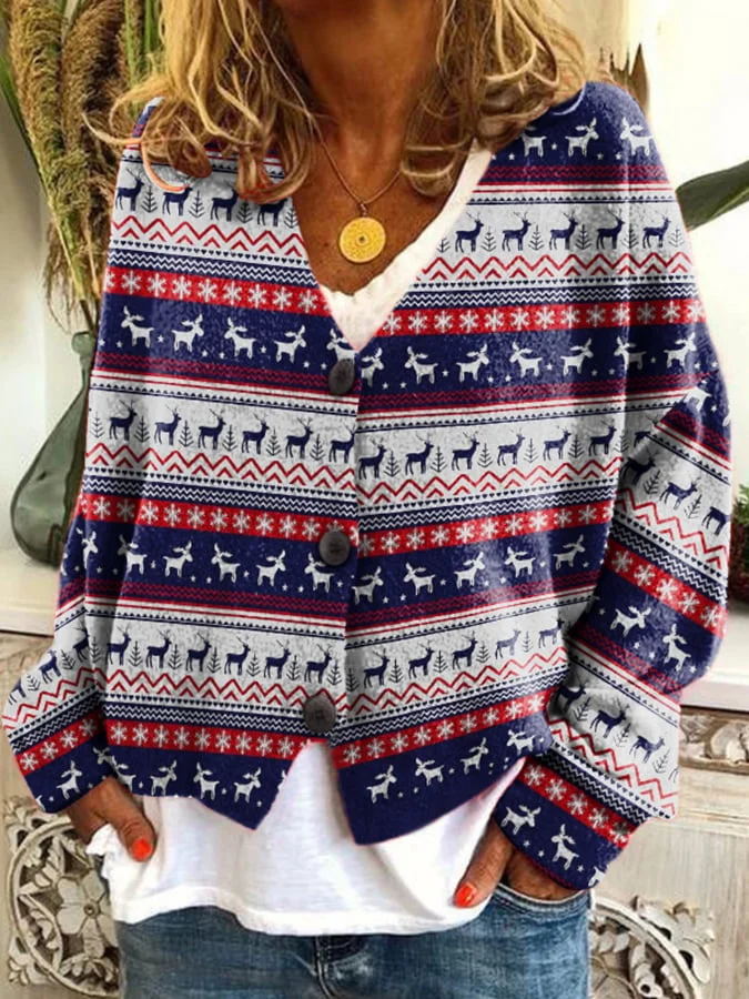 Women's Christmas Printed Loose Flannel Cardigan