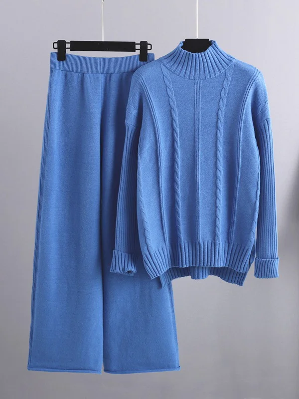 Loose Long Sleeves Split-Side Solid High-Low Half Turtleneck Sweater Tops & Wide Leg Pants Two Pieces Set
