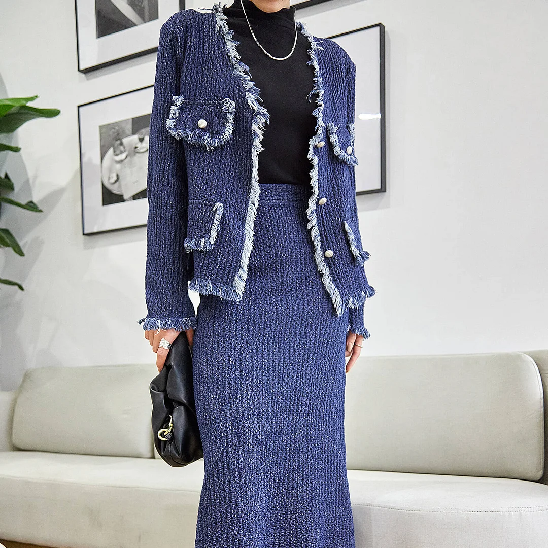 ABEBEY-Abebey Blue Fringe-Trimmed Fake Flap Pockets Cardigan & Slit Hem Skirt Two-Piece Set