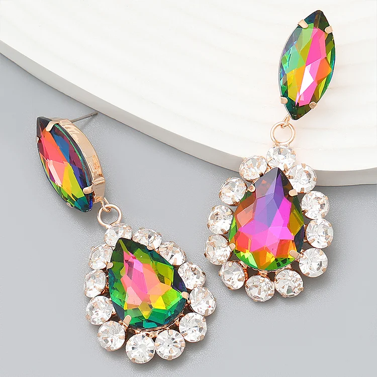 Banquet Multicolor Rainbow Water Droplet Shaped Rhinestone Earrings