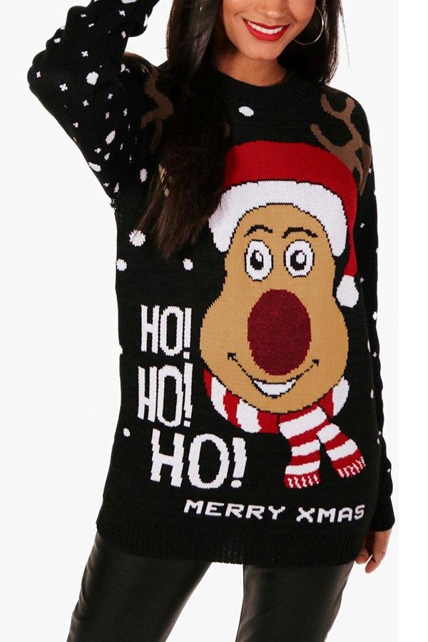 Reindeer Ugly Christmas Pullover Sweater Black-elleschic