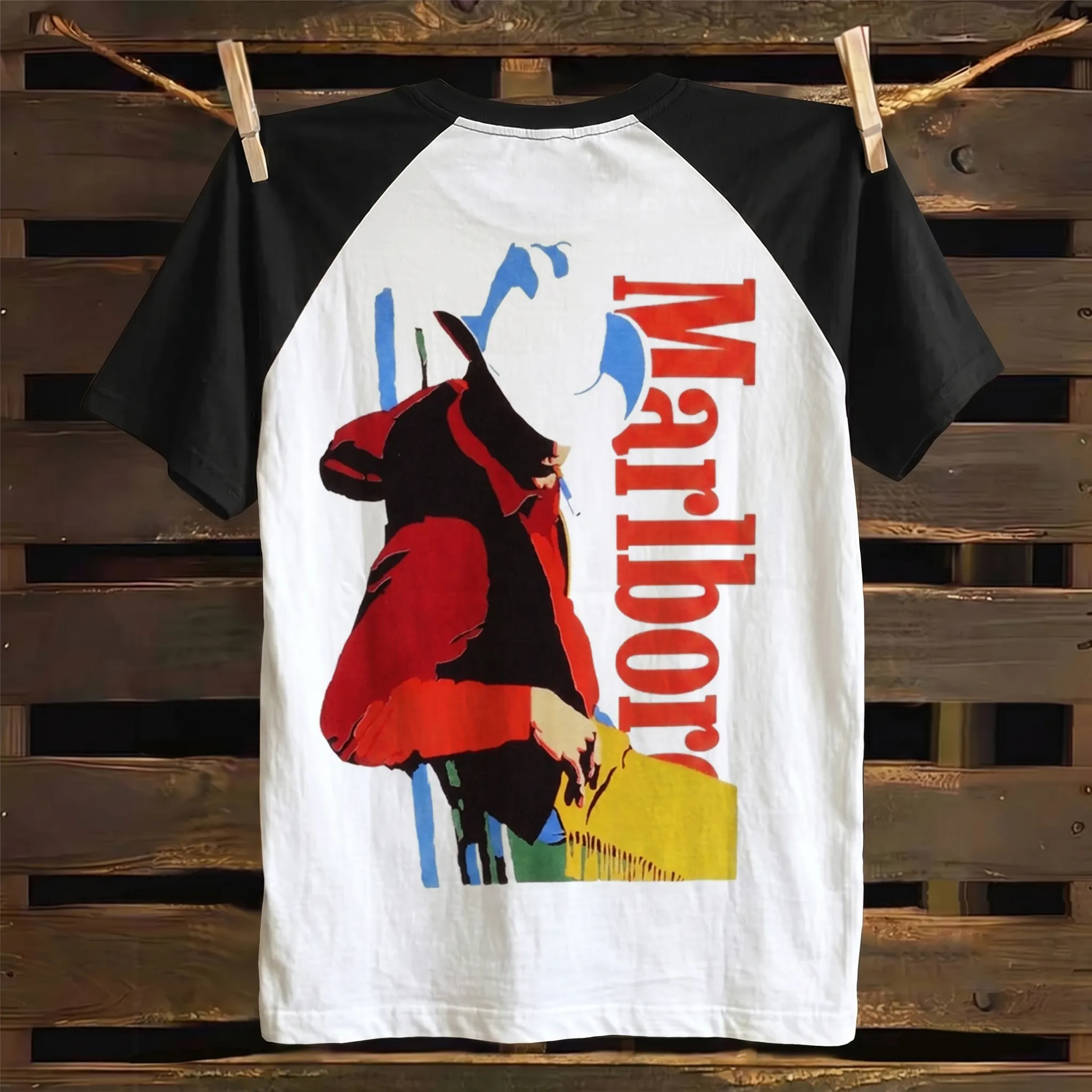 Western Cowboy Graphic Print Color-block Raglan T-shirt