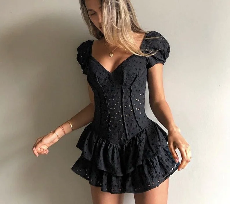 Graduation gift Fashion V Neck Ruffles Pleated Dress Women Puff Sleeve Chic Black Summer Dress Party Hollow Out Vintage Corset Ladies